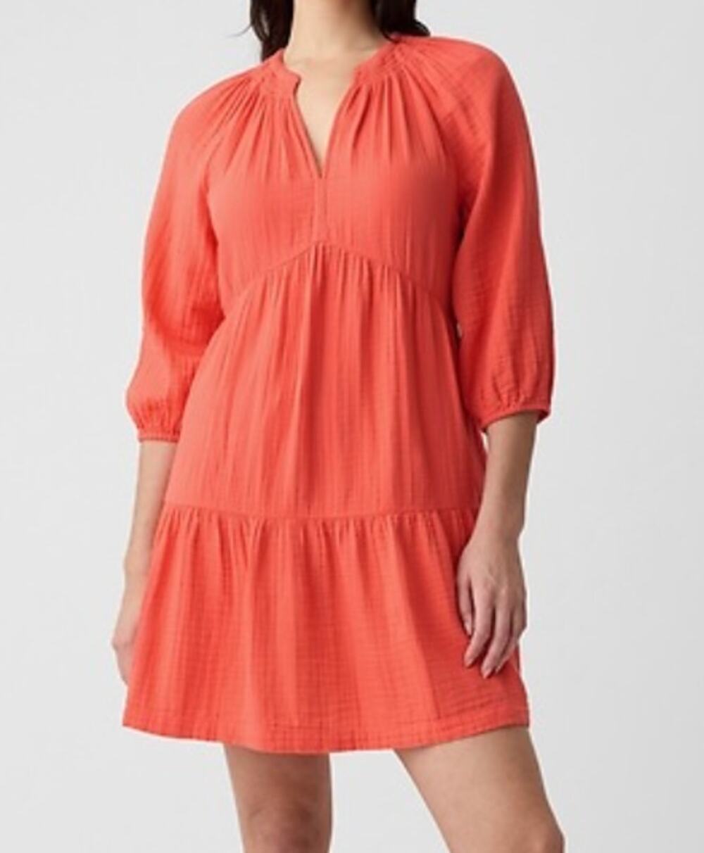 GAP Crinkle Gauze Tiered 3/4 Sleeve Mini Dress Fire Coral Orange XS Petite
